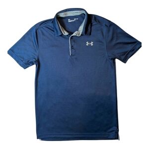 Under Armour Loose Fit Navy Blue Gray Trim Short Sleeve Polo Shirt Men's Small